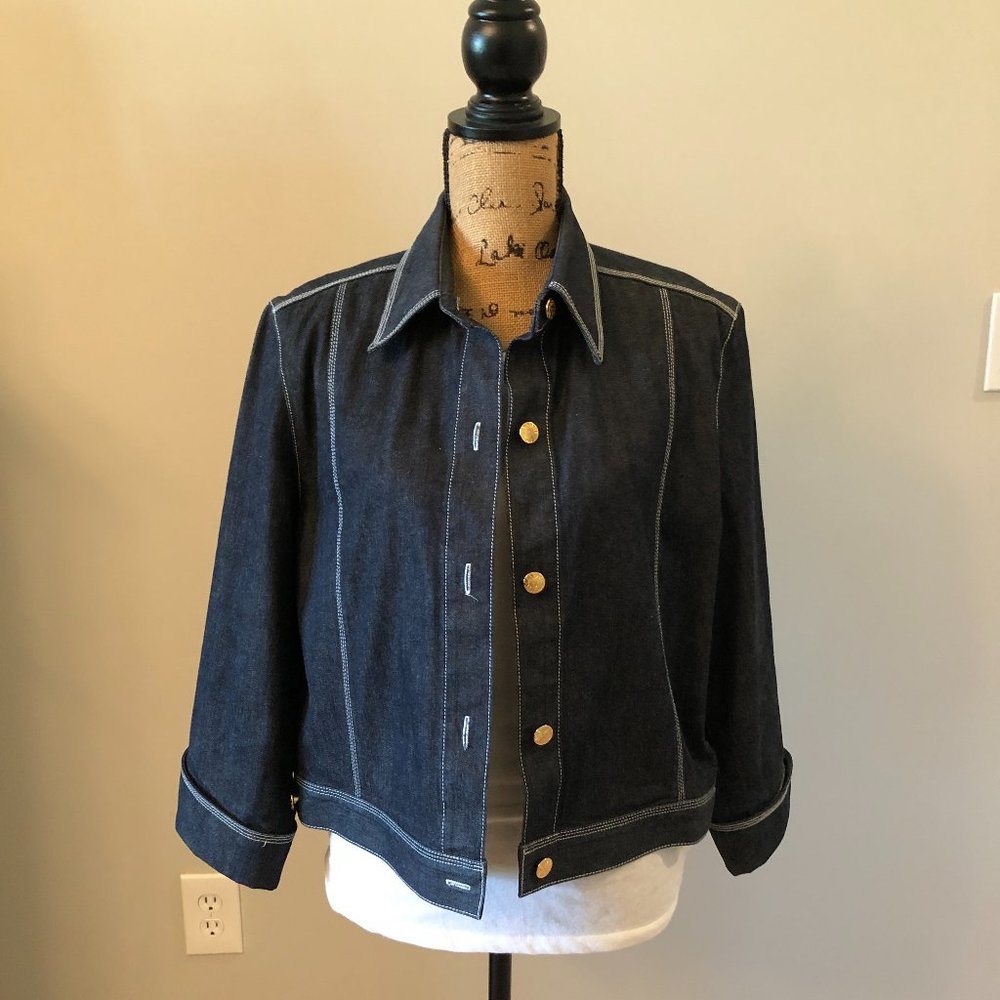 Jean Jacket with signature Anna Klein lion head buttons.